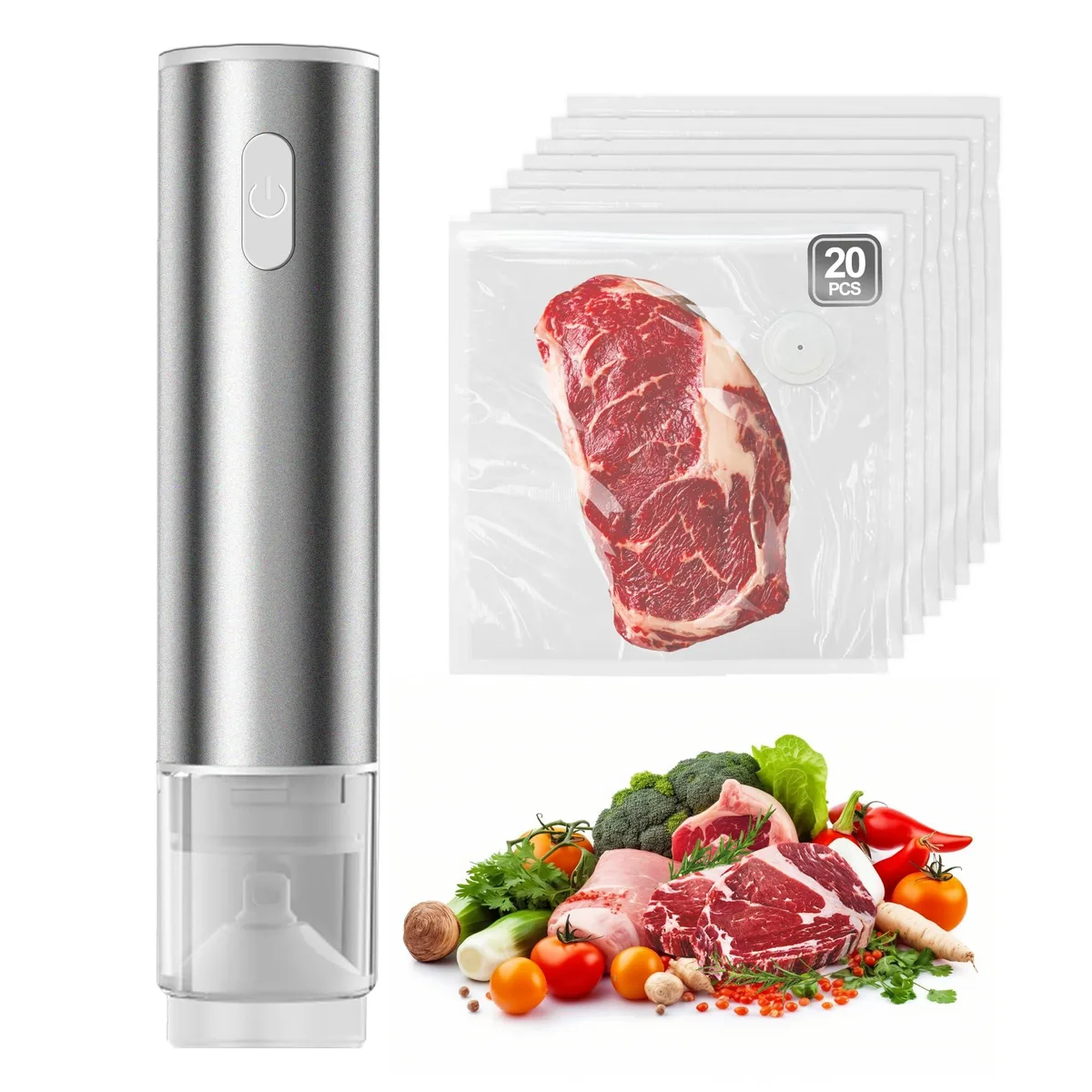 White handheld vacuum sealer with clear plastic finish and twenty reusable bags