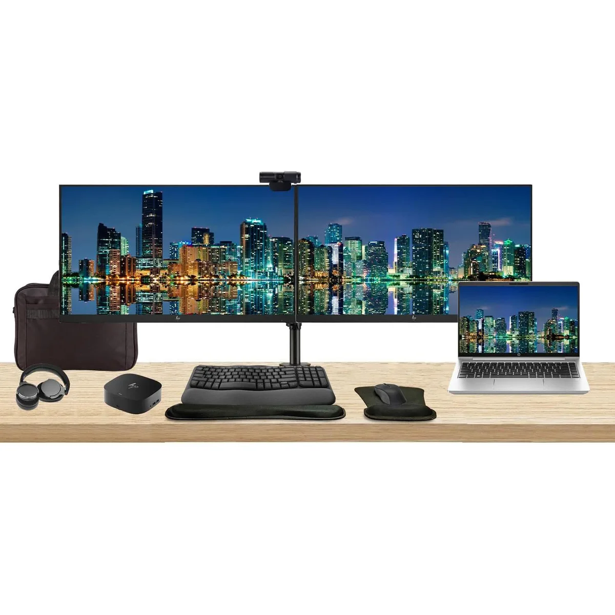 HP HP ProBook 445 G10 14" Ryzen 5 8GB 256GB SSD Bundle 2 x 27" Monitors Dock MK670 Webcam Headphones Bag — product photo