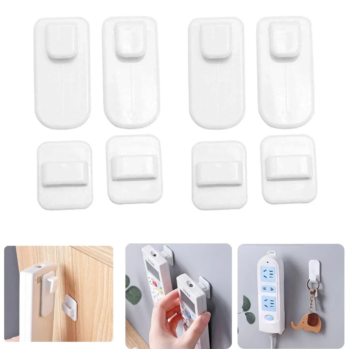 Four white adhesive wall hooks for remotes and small items