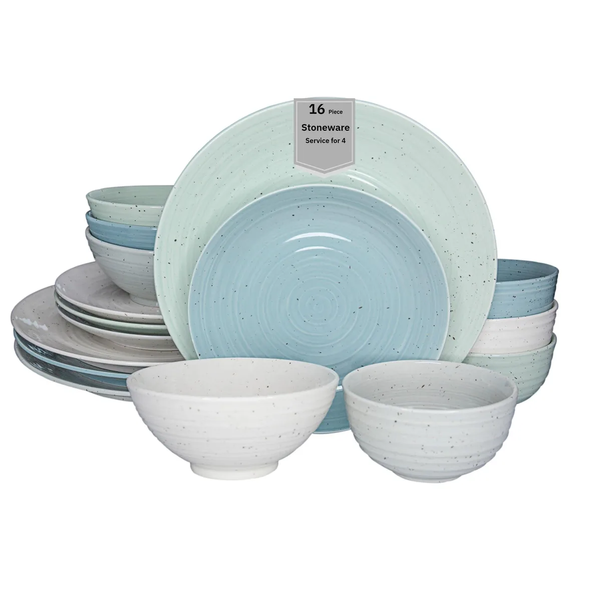 Square stoneware dinnerware set, glossy white with aqua speckles, sixteen pieces for four