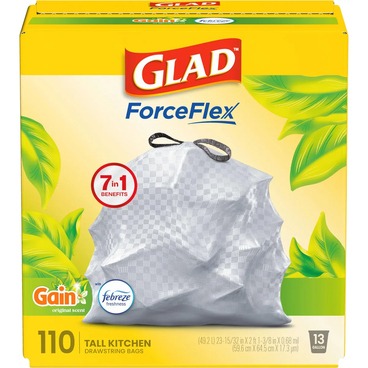 White plastic drawstring trash bags in a rectangular pack