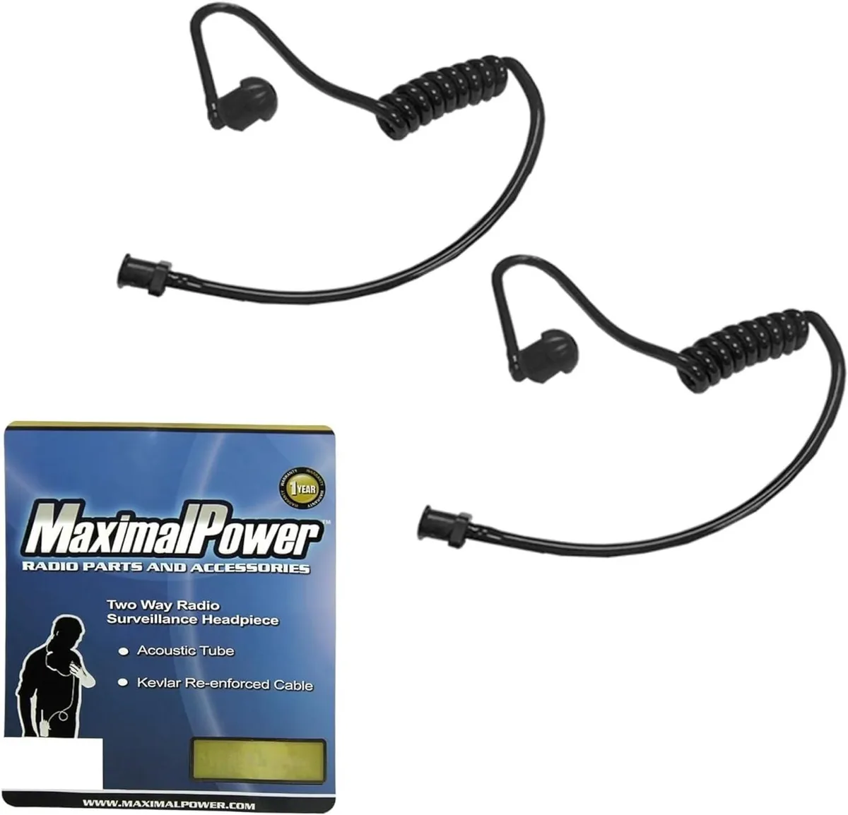 Two black coiled acoustic tubes with mushroom ear tips and twist-on connectors