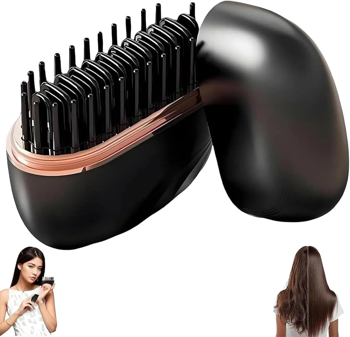 Black wireless mini straightener brush with bristles and charging port