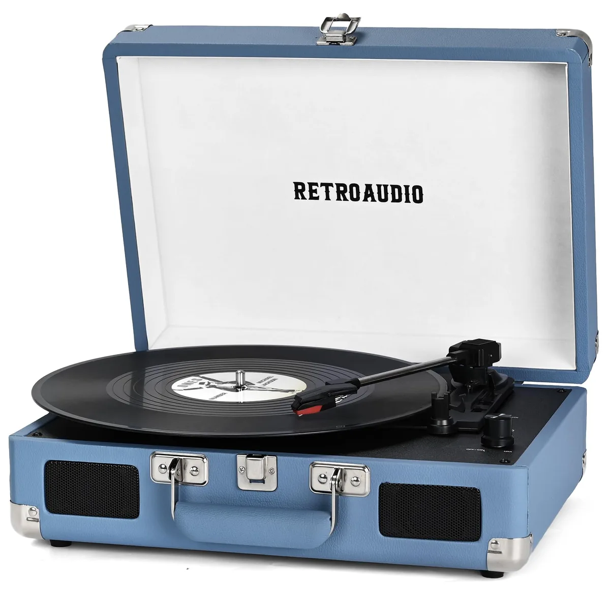 Blue suitcase-style turntable with handle, built-in speakers, and 33, 45, 78 rpm speeds