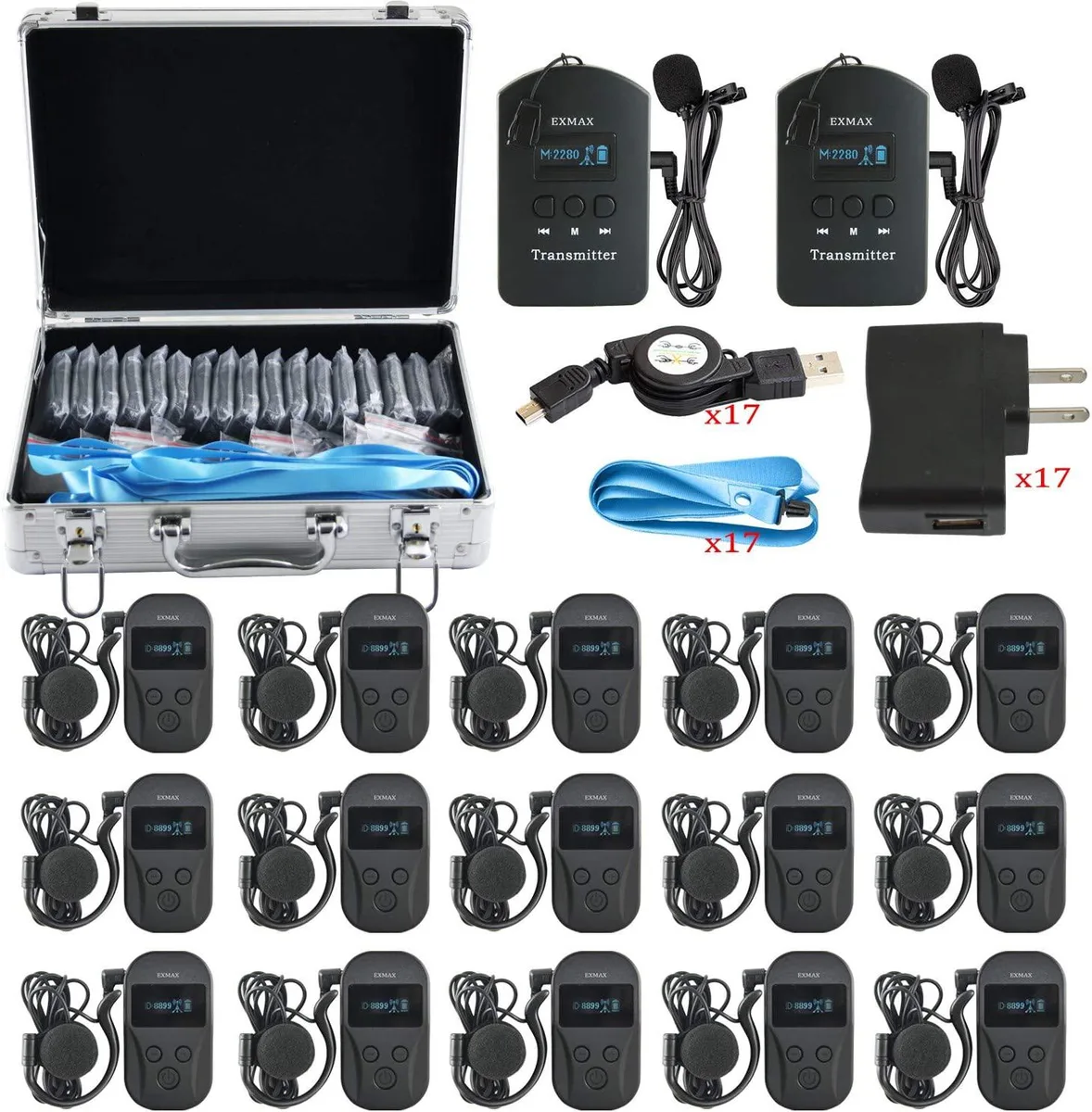 BFKK BFKK 2.4GHz Wireless Tour Guide System 2 Transmitters 15 Receivers Silver Case — product photo