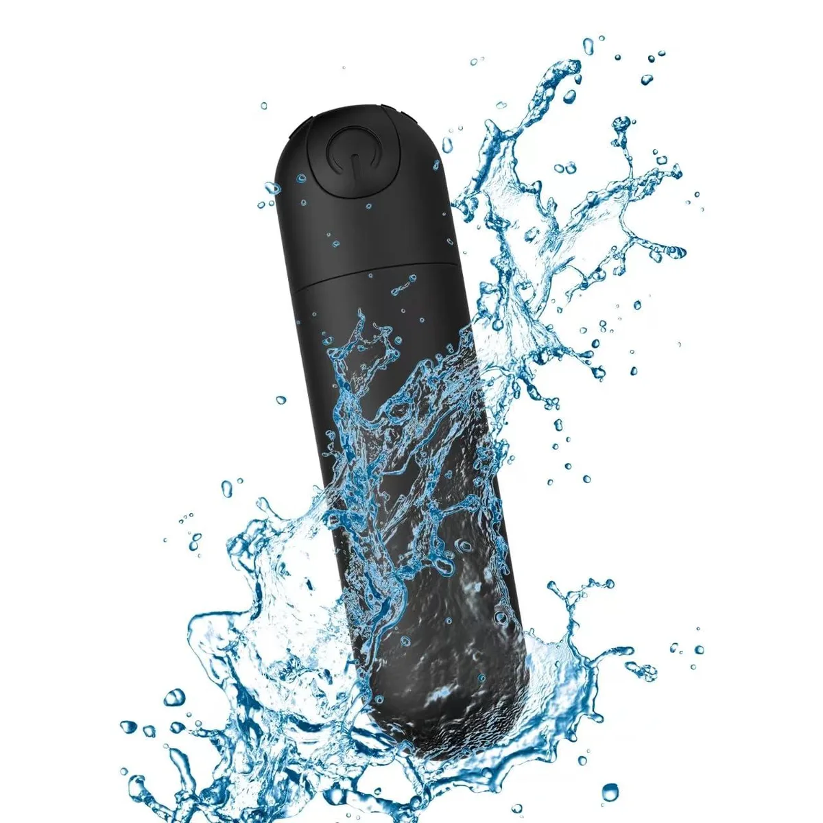Small black silicone handheld massager with rounded rectangular shape and smooth matte finish