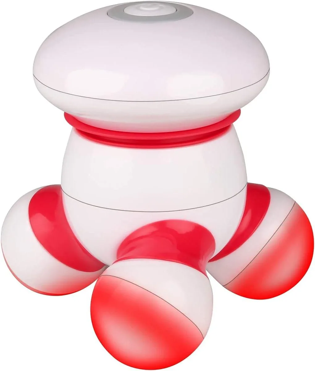 Red cube-shaped handheld massager with LED light, battery operated