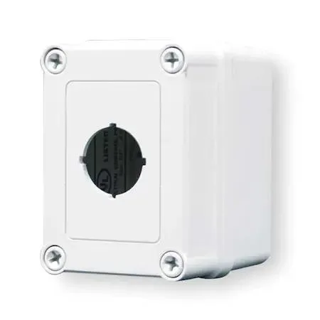 Grey rectangular polyester pushbutton enclosure with single 30 mm hole