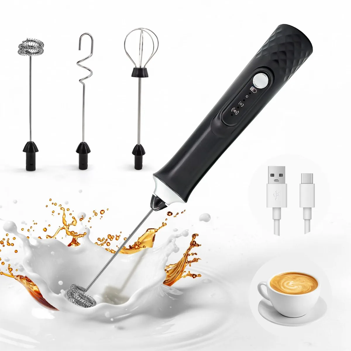  ELOUYCKE Milk Frother Handheld Rechargeable 3 Speed 3 Whisks 1200 mAh — product photo