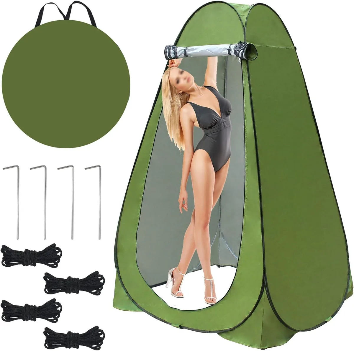 Green pop-up privacy tent, 47x47x75 inch, silver-coated fabric, two zip windows, side pocket, clothesline