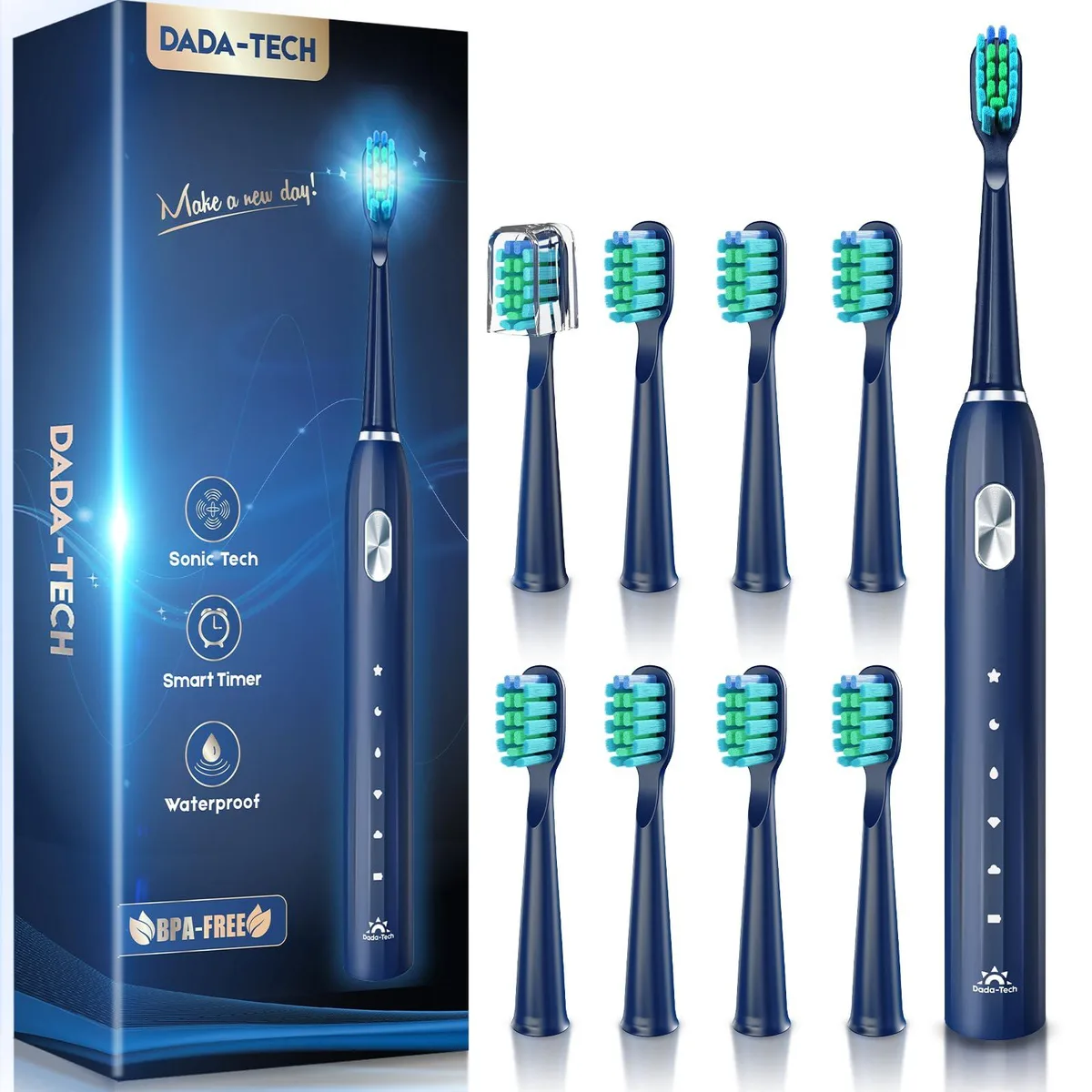 Blue sonic electric toothbrush with roman column handle and nine brush heads