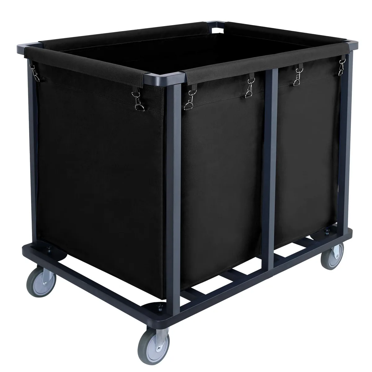 White steel-frame laundry cart with four wheels and a removable fabric bag, 34.3 by 24.4 by 31.5 inches