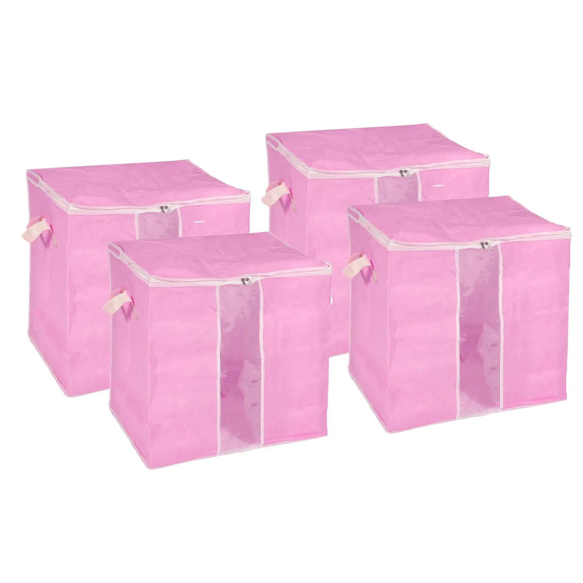 Pink fabric storage bag with clear window and reinforced handles, folded flat