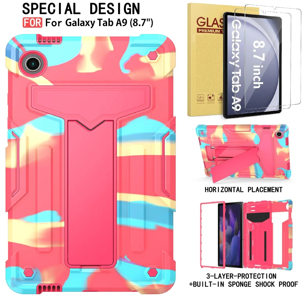 anicestore anicestore Galaxy Tab A9 8.7" Case 2023 SM-X110/115/117 Hybrid Shockproof Stand .33mm Glass Multicolor — product photo
