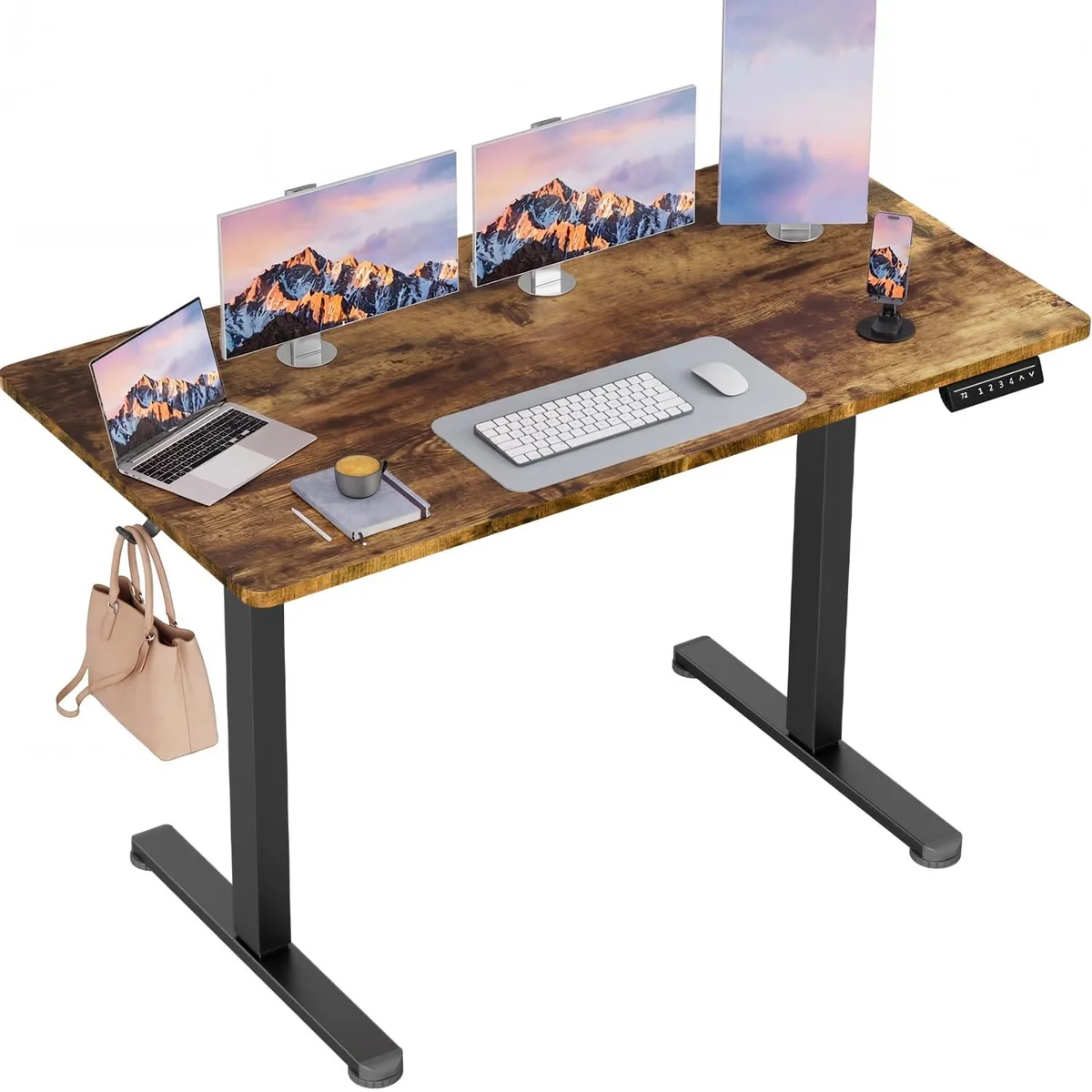 Rectangular rustic brown desktop on black metal frame with two drawers and cable tray