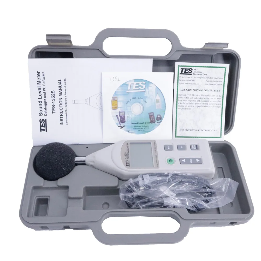Red rectangular digital sound level meter with display and controls