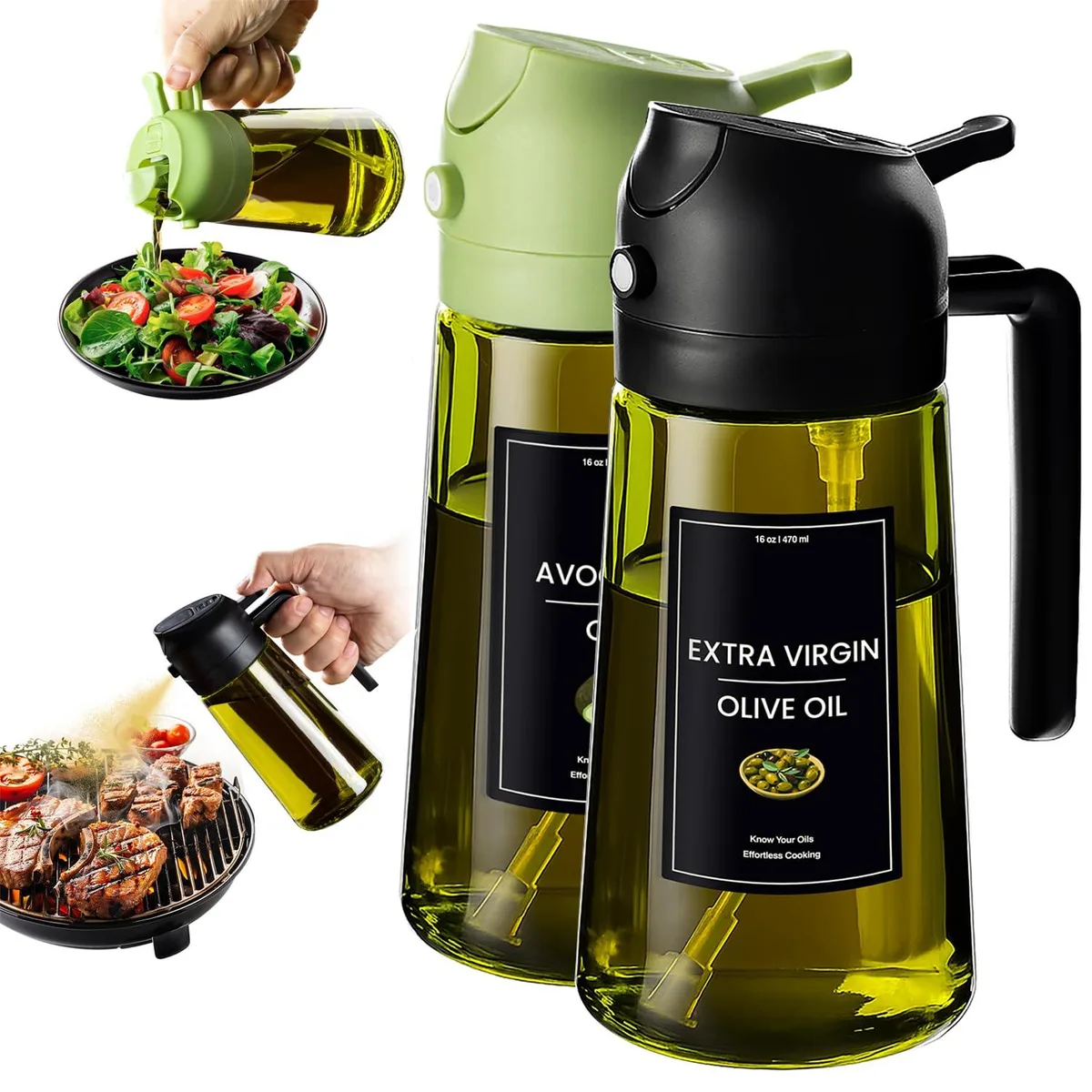 Black and green 16oz dual valve oil applicator with deep green glass bottle, push-button lid