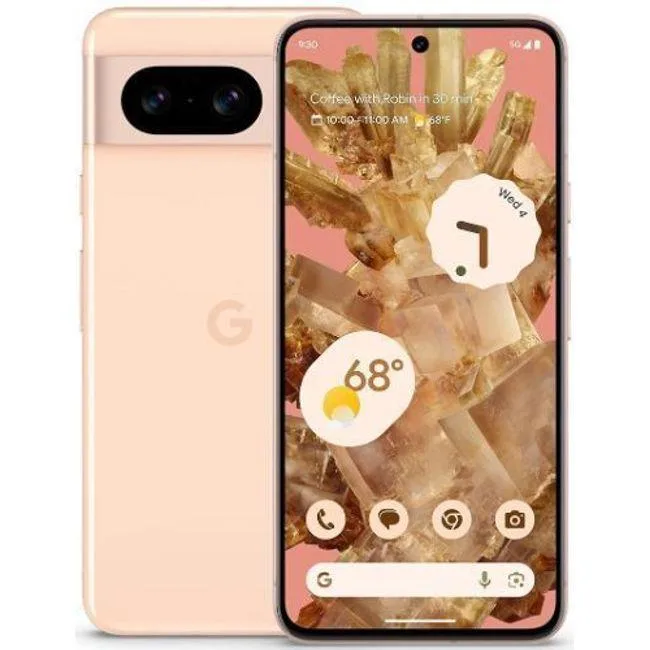 Rose Google Pixel 8 smartphone with glass front and back, aluminum frame, visible dents and screen scratches