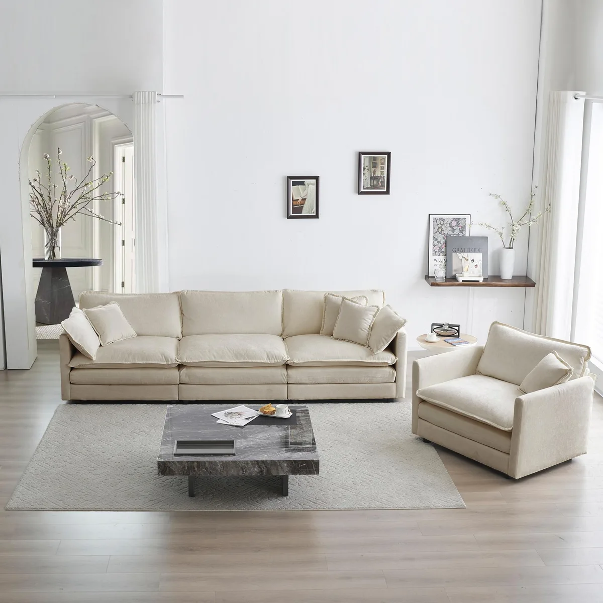 Beige chenille two-piece sectional with three-seater and accent chair