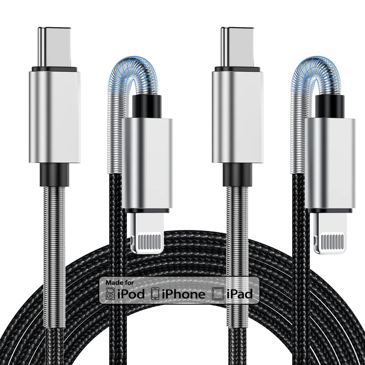  Jeenek Kitminun3 USB-C to Lightning cable 10ft 2-pack silver black — product photo