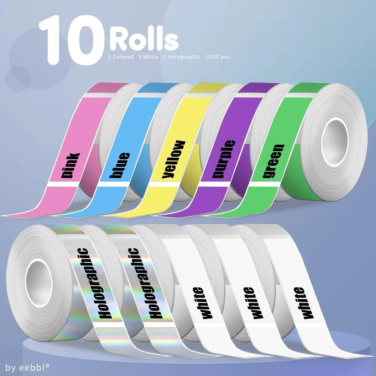 Ten rolls of white 12mm by 40mm thermal label tape in a pack