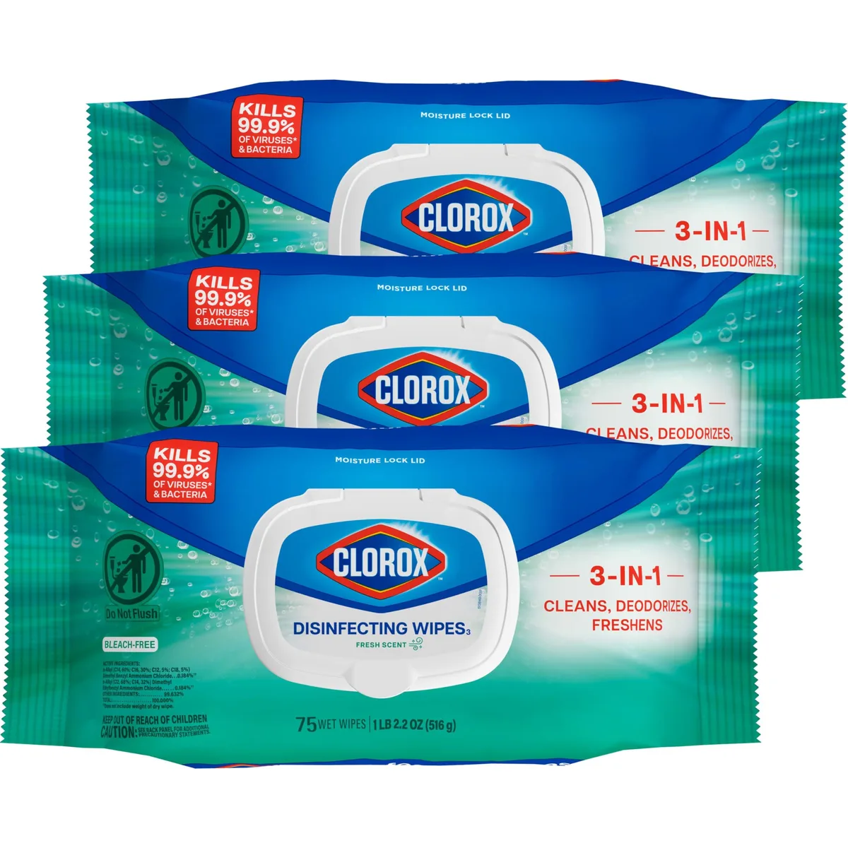 Three white canisters of Clorox disinfecting wipes, fresh scent, 75 count each