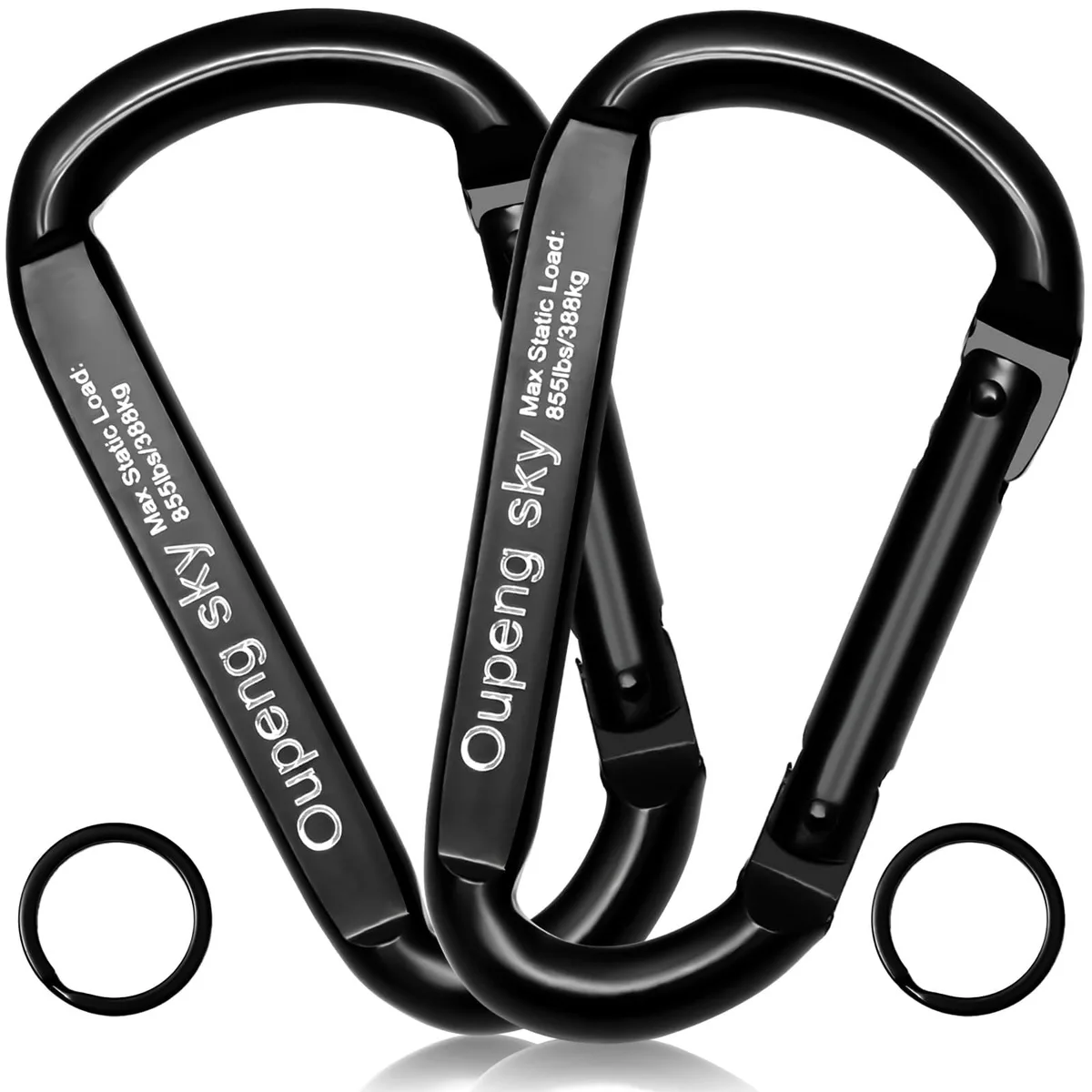 Two black D-shaped carabiner clips with spring gates and attached key rings