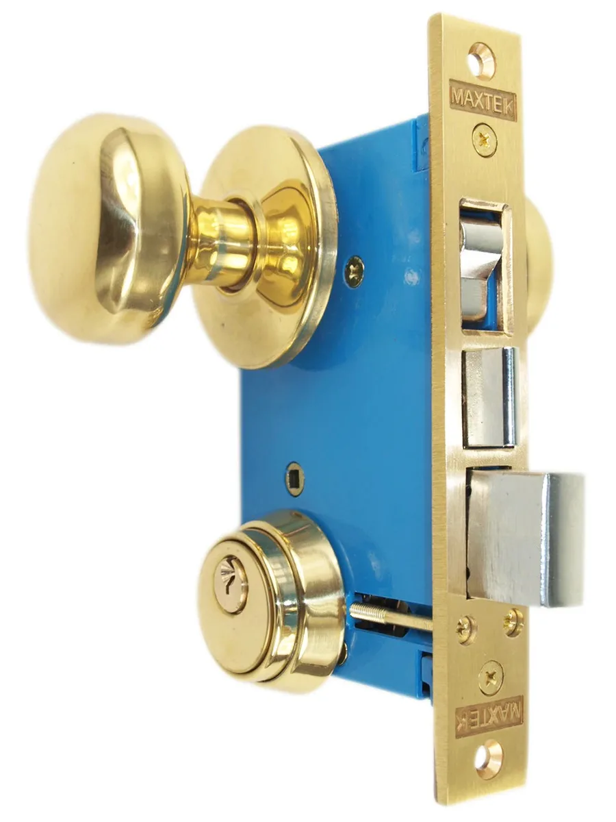 MAXTECH MAXTECH RHR Polished Brass Double Cylinder Mortise Lockset 2-1/2" Backset Right Hand Reverse — product photo