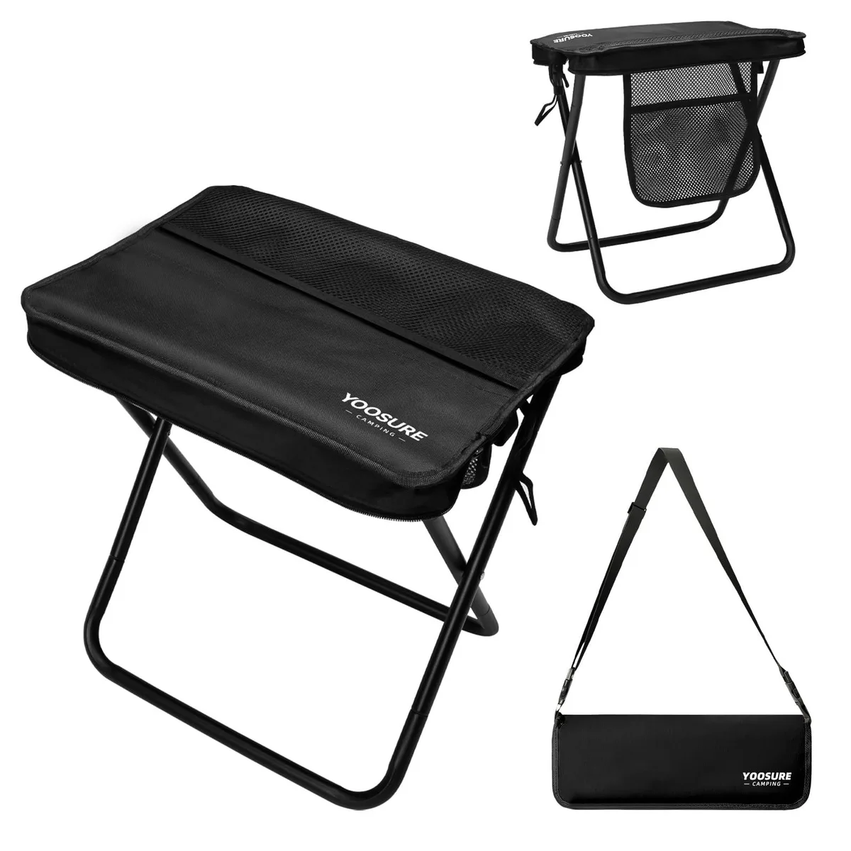 Black folding stool with three storage pockets and shoulder strap carry bag
