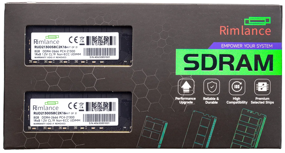 RIMLANCE RIMLANCE RUD21300S8C2K16 16GB (2x8GB) DDR4 2666 CL19 1.2V UDIMM — product photo