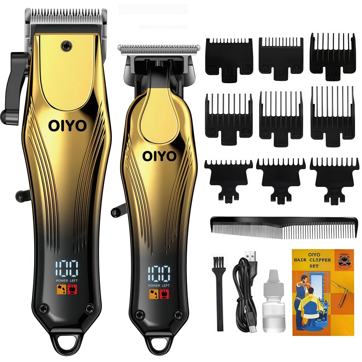 Black cordless hair clipper with titanium blades and nine guide combs