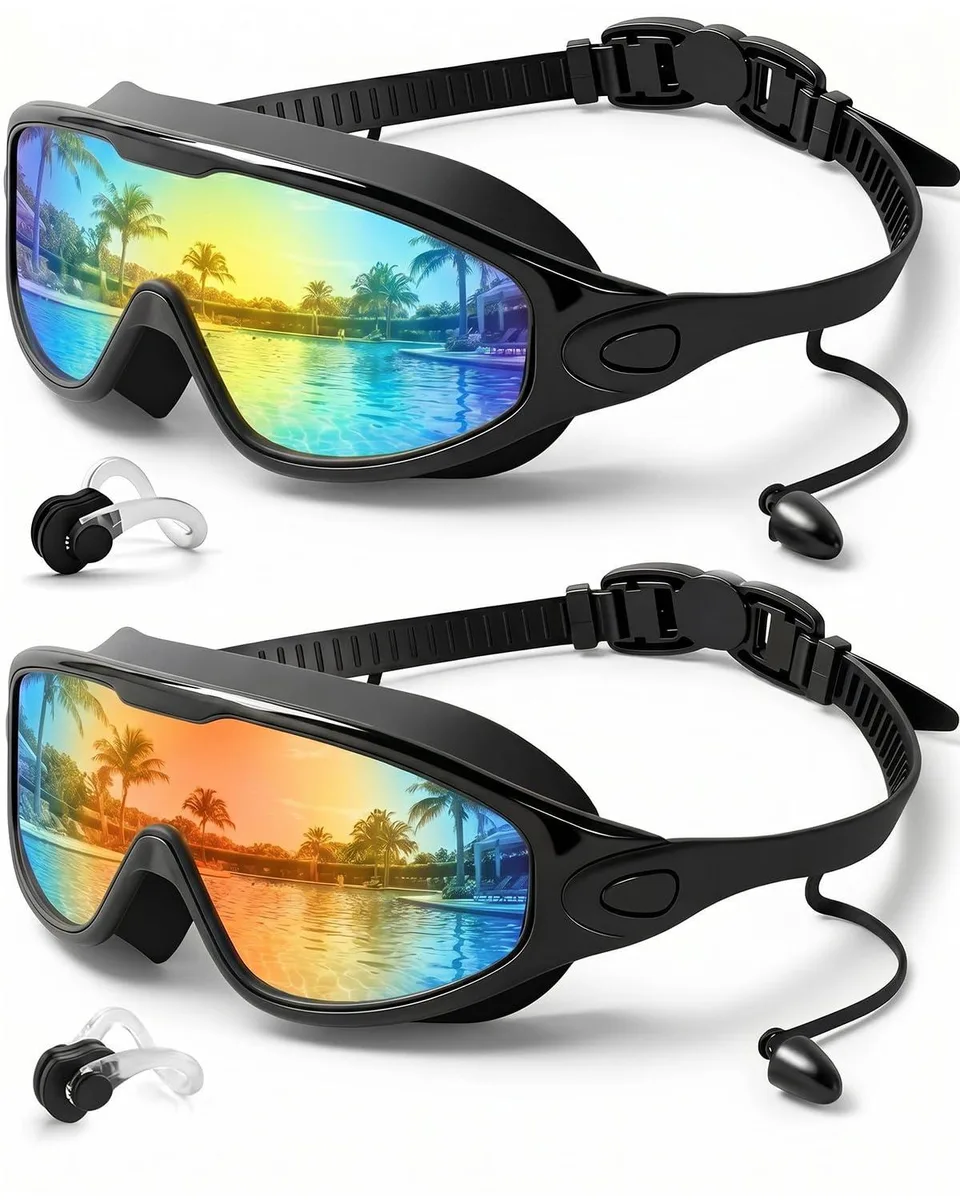 Two blue adult swimming goggles in a pack, wide curved lenses with silicone seals and adjustable straps