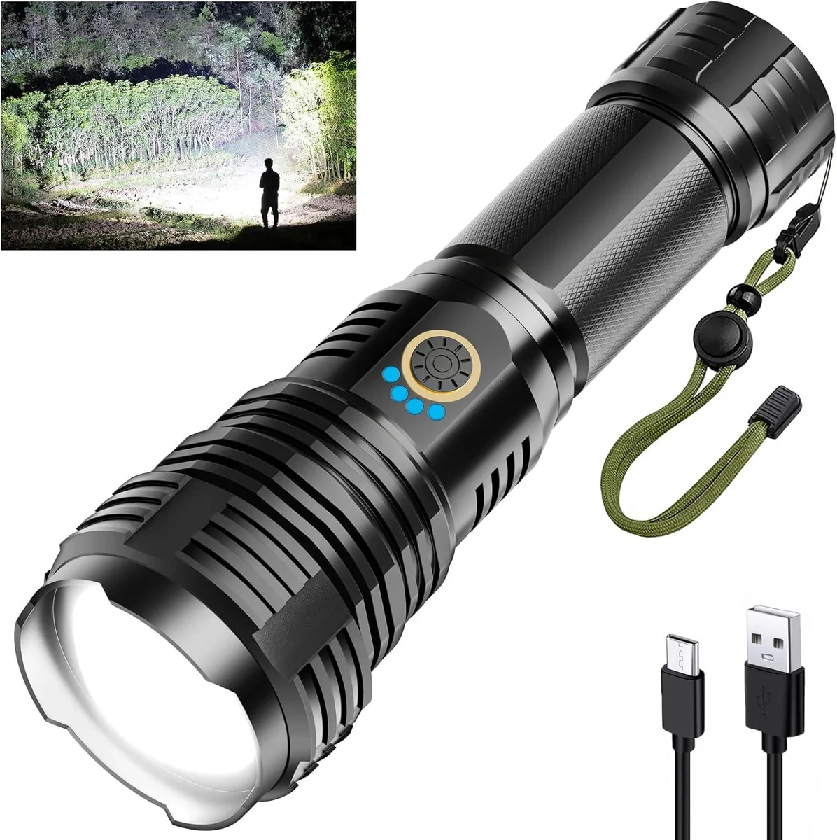 Cylindrical tactical flashlight, matte dark finish, textured grip, zoomable head, USB-C port visible