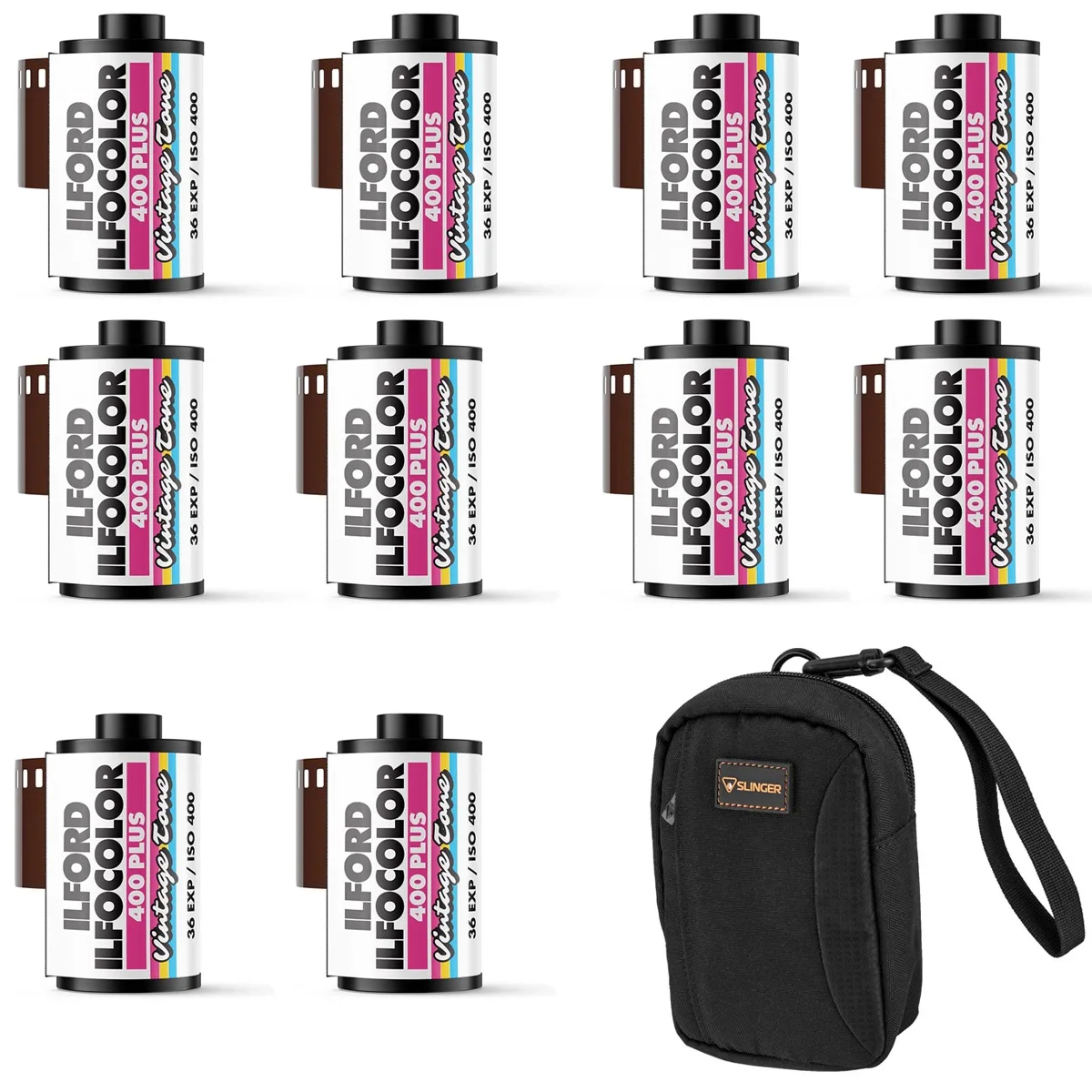 Ten sealed boxes of 35 mm ISO 400 colour film with a canvas bag