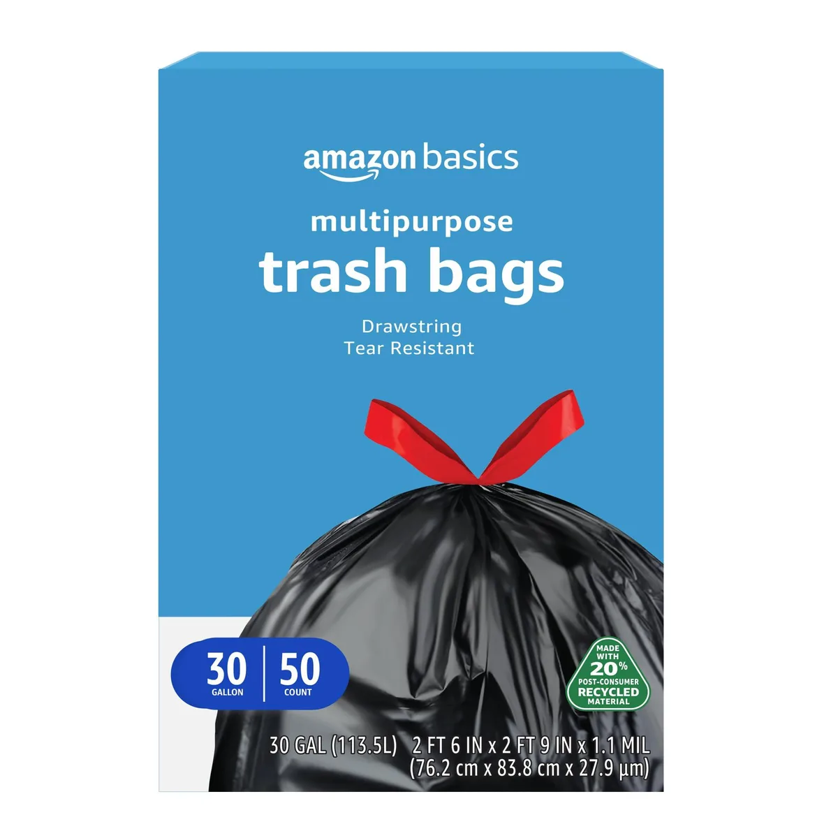 Carton of 50 black 30-gallon drawstring trash bags with red closure ties