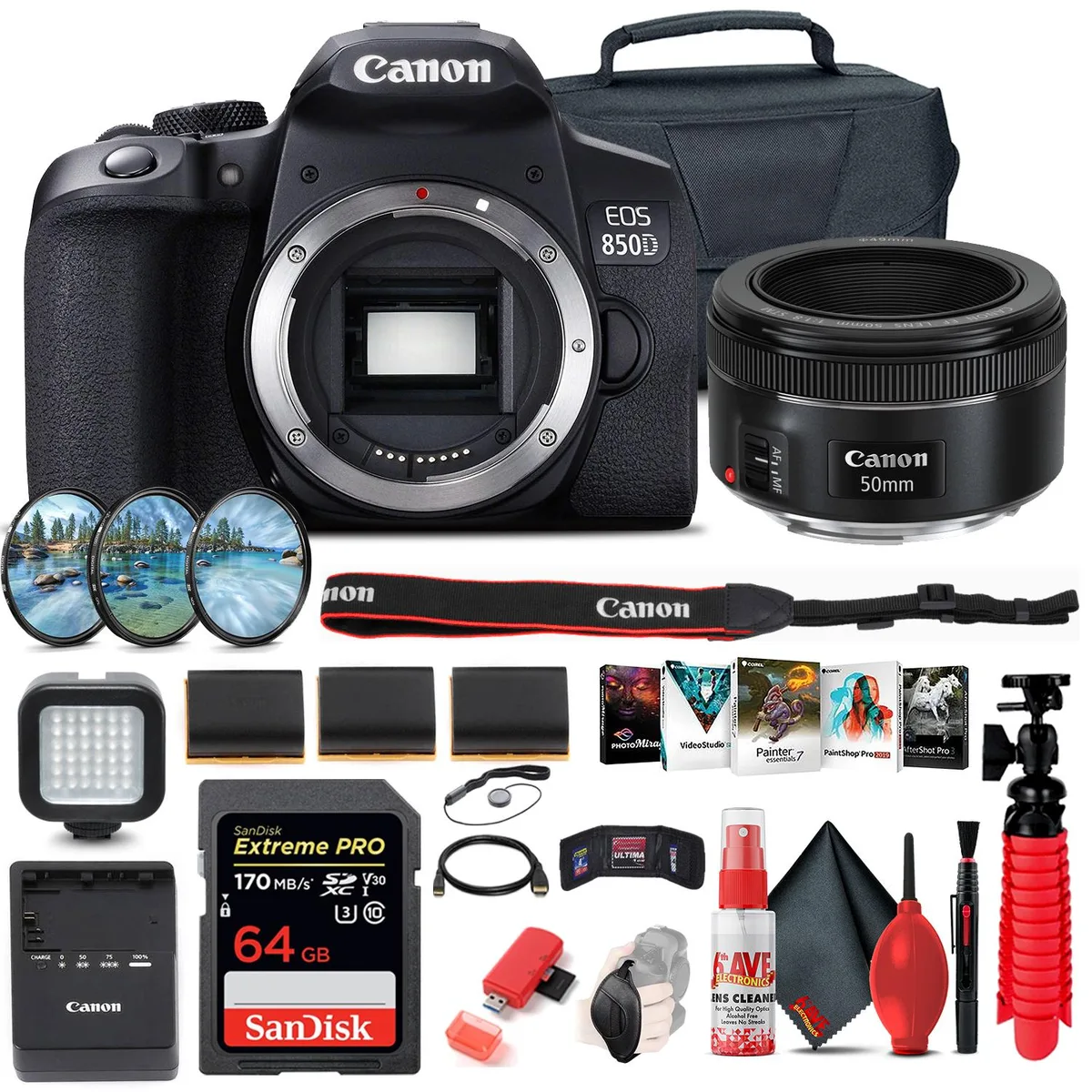 Canon International Canon EOS Rebel 850D / T8i DSLR Camera with EF 50mm f/1.8 Lens and 64GB Bundle — product photo