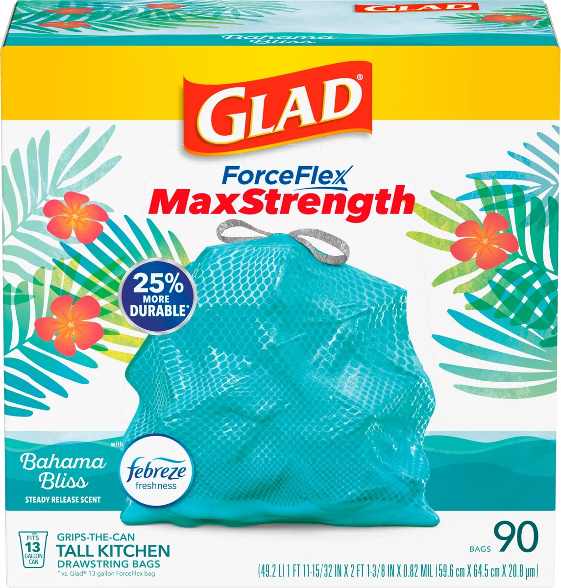 Teal plastic drawstring kitchen trash bags in a 90-count pack