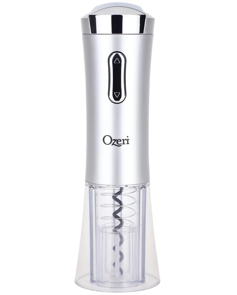 Silver curved vertical wine opener with transparent shell and removable foil cutter, stands upright