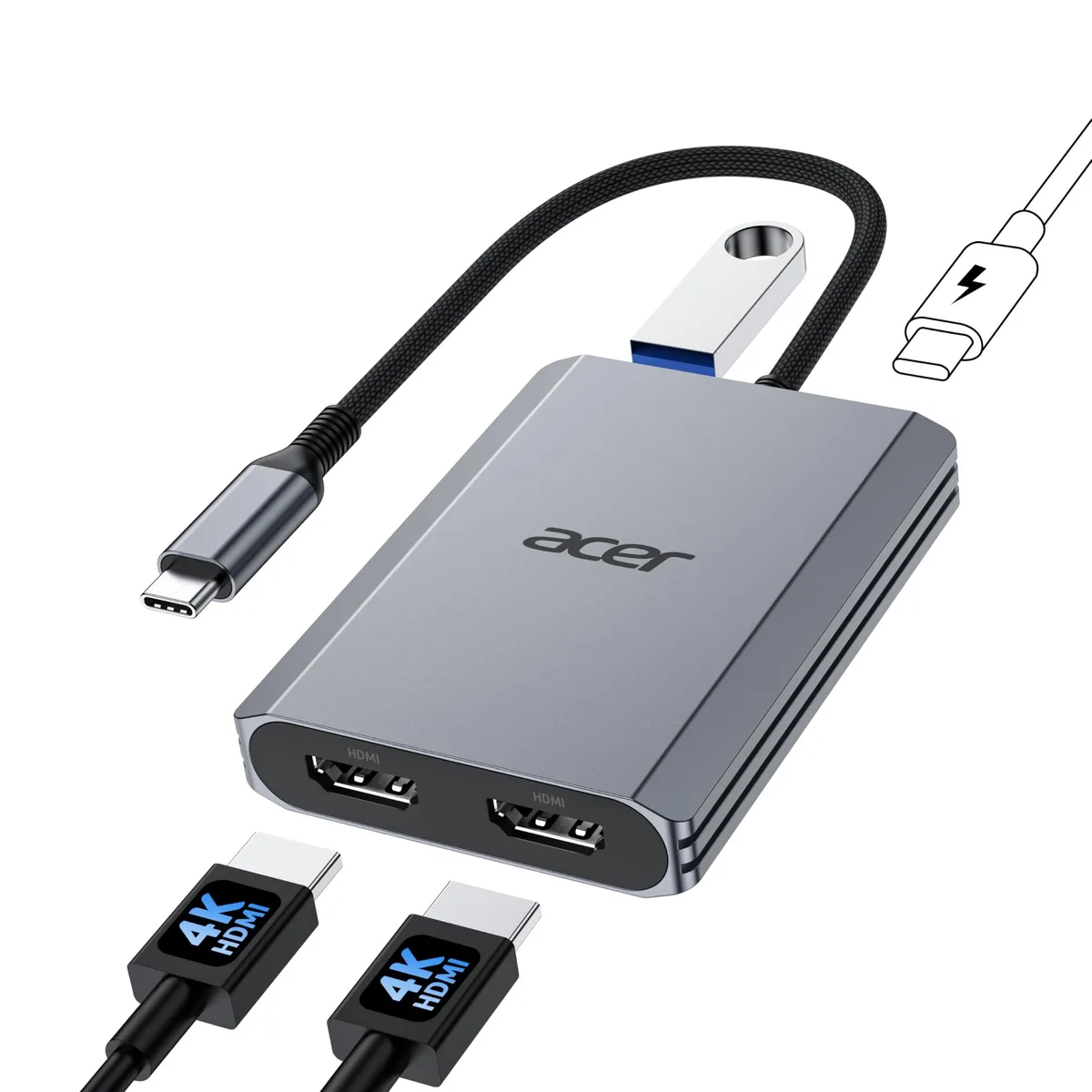  Acer ODK540 4-in-1 USB C Hub Dual HDMI 4K 60Hz 5Gbps 100W PD Grey 90 degree — product photo