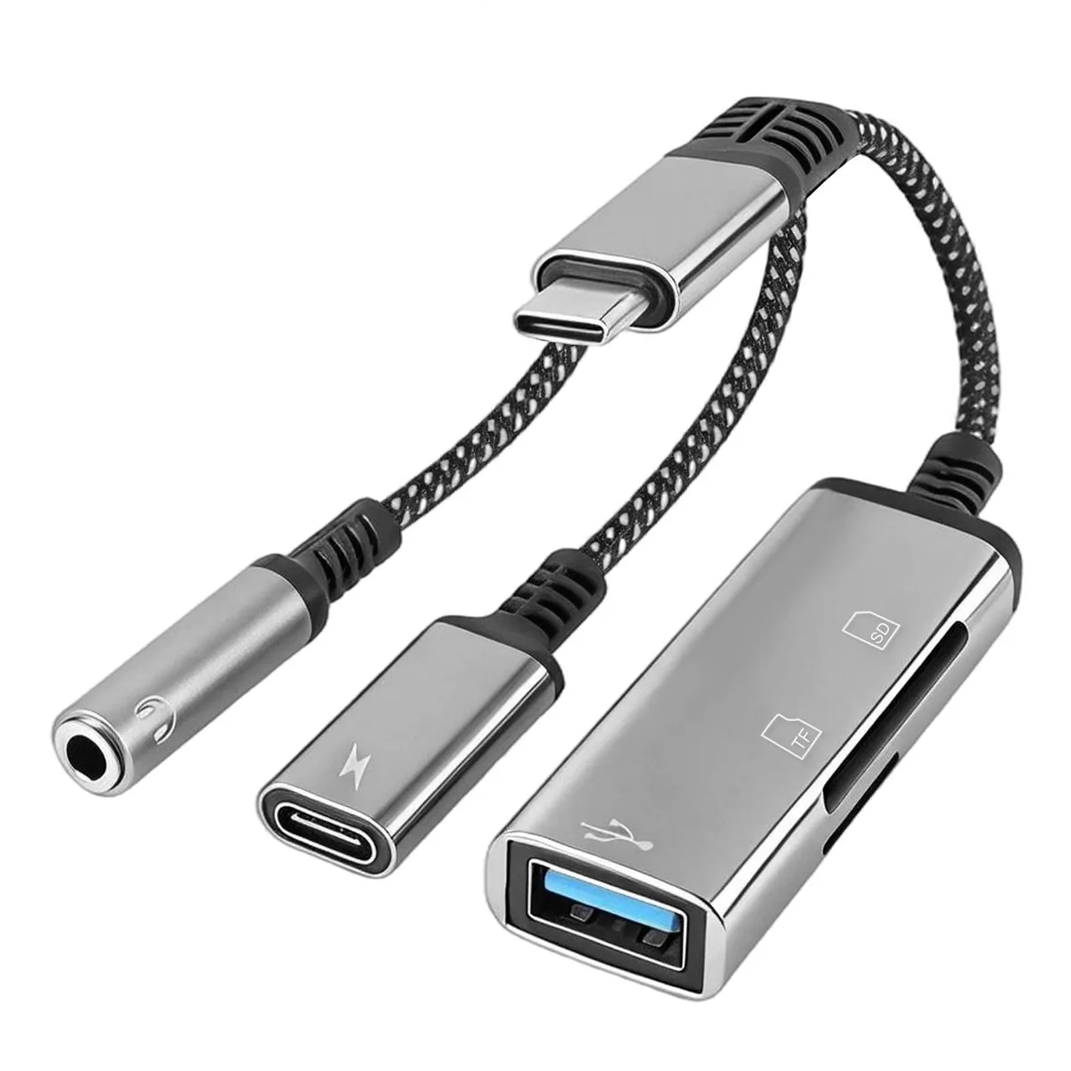 Silver 5-in-1 USB-C adapter with charging, 3.5 mm jack, SD, TF and USB 3.0 ports