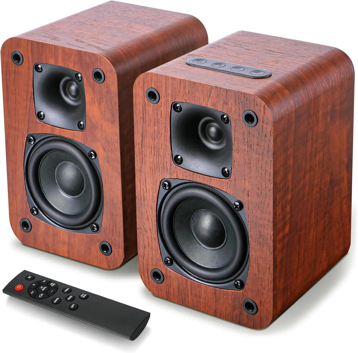 Pair of dark wood bookshelf speakers with 3 inch woofers and top controls