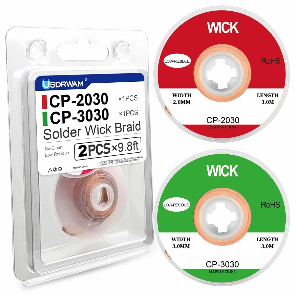 Two spools of copper desoldering braid in a box, widths .08 and .12 inch, each 9.8ft long