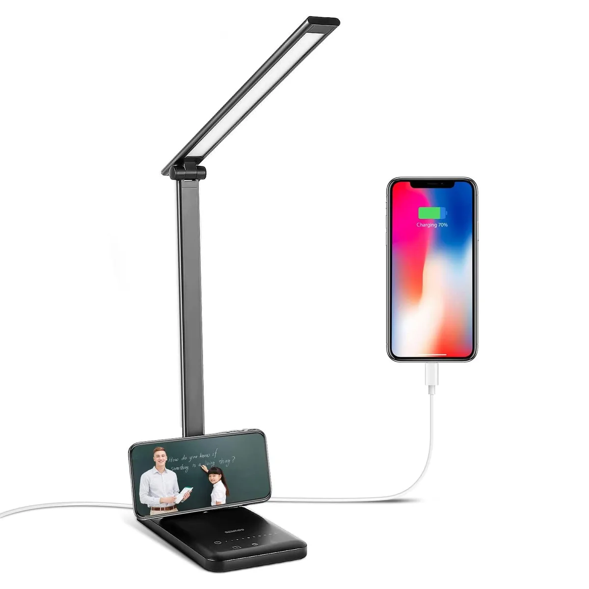Black desk lamp with 180° folding arm and phone holder