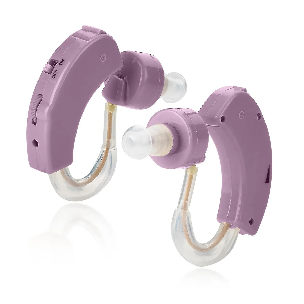Pair of purple behind-the-ear sound amplifiers with volume controls