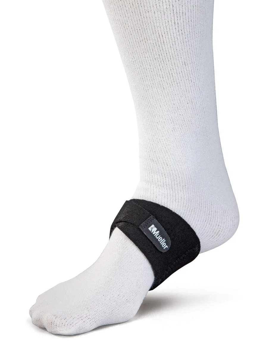 Black fabric arch support with blue pad and adjustable straps