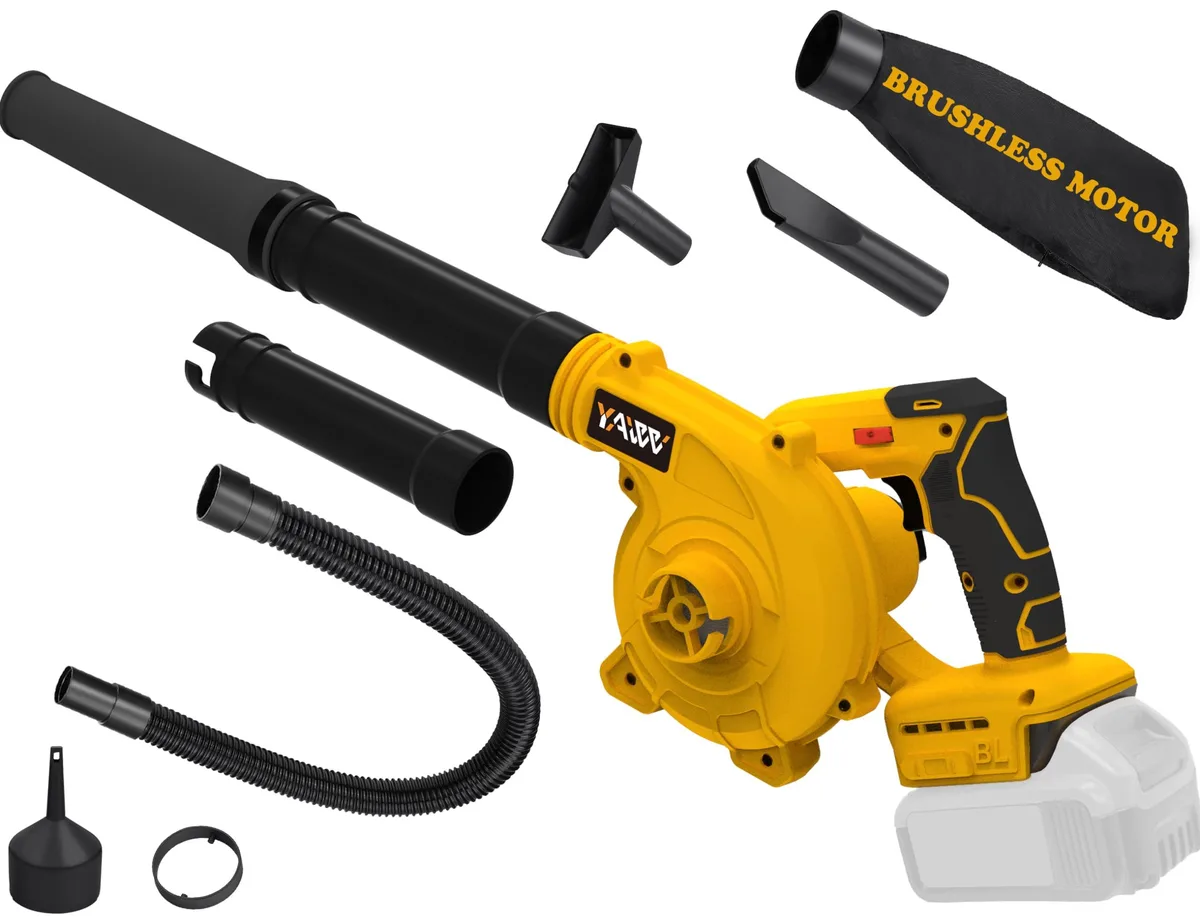 Orange cordless leaf blower with black accents and a 2-in-1 handle design