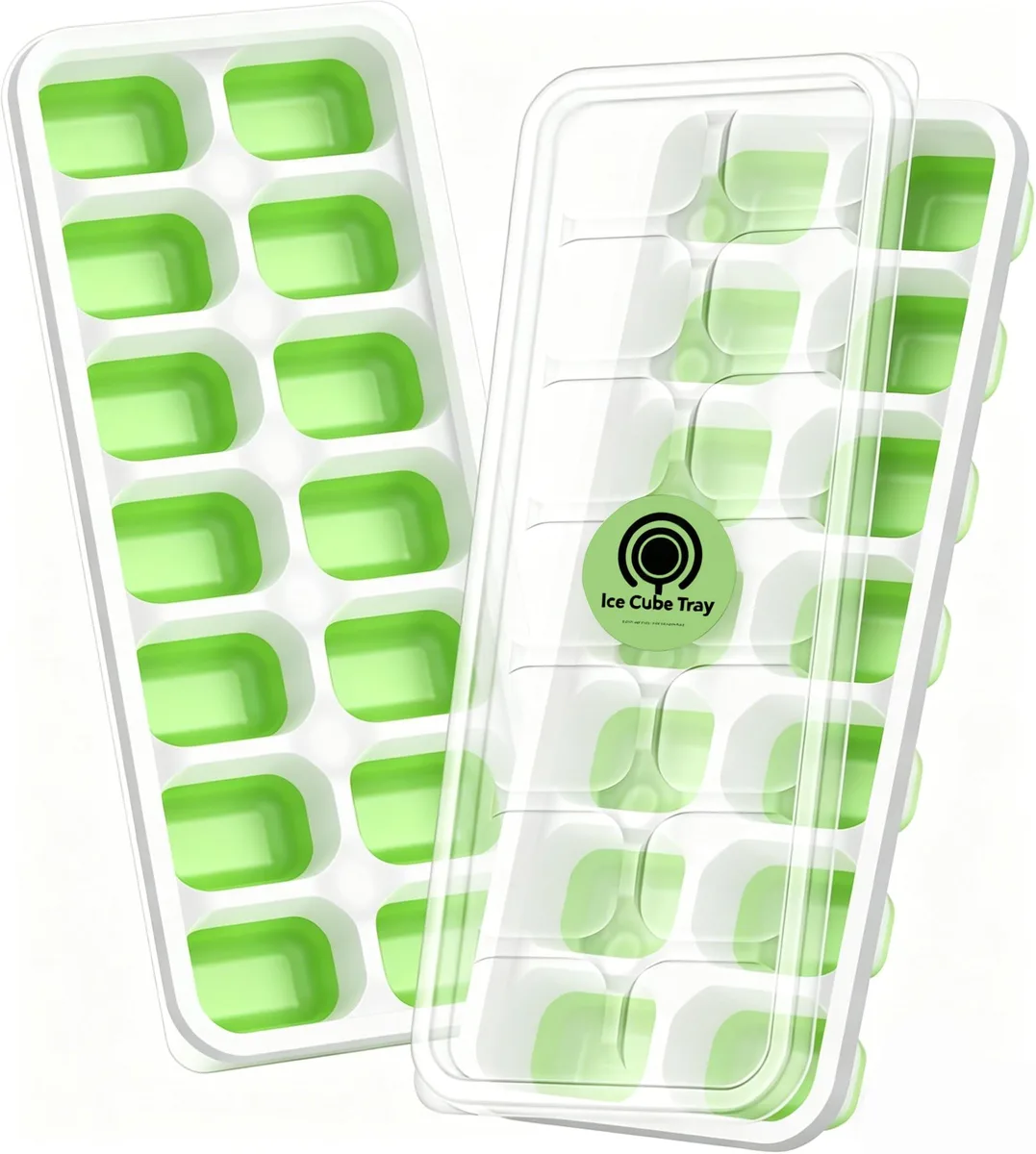 Two black rectangular ice cube trays with removable lids, stackable, silicone bottoms, 28 cubes total