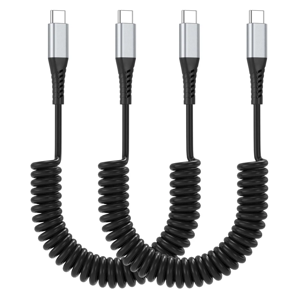 Two orange coiled USB-C to USB-C cables, retractable design, 3 ft length