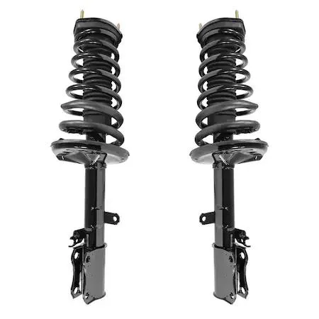 Two silver rear strut assemblies with coil springs and top mounts side by side