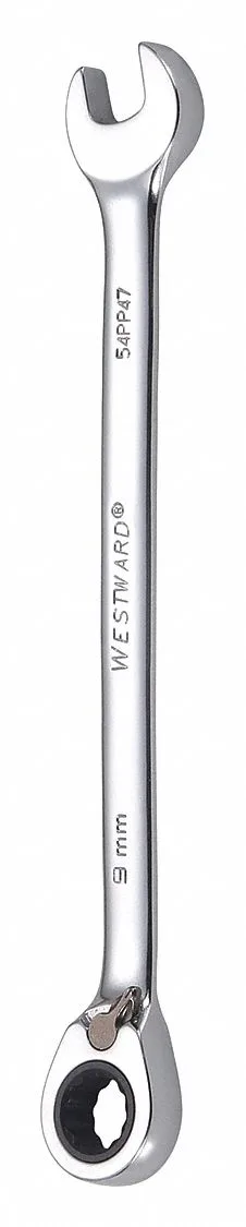 Chrome-finish 9 mm ratcheting combination wrench with offset head